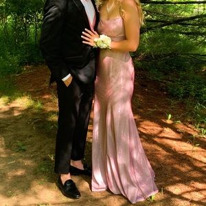 Pink iridescent prom dress with lace up back